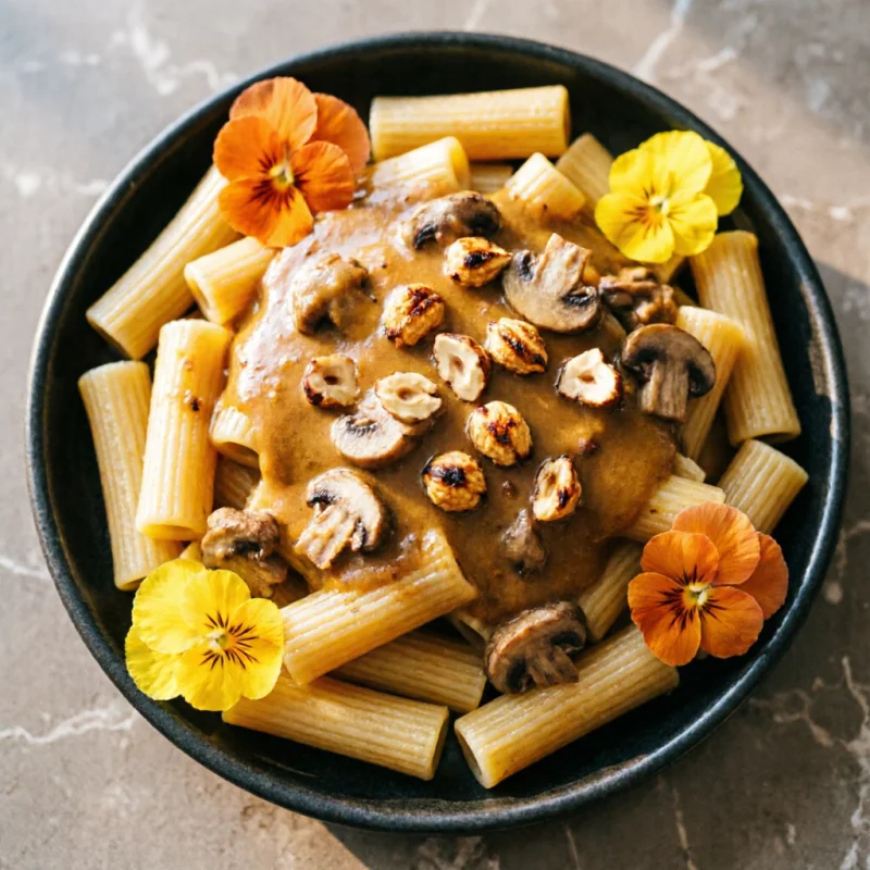 Rigatoni con crema de setas y avellanas tostadas