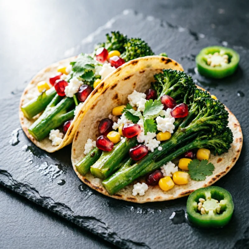 Tacos de Tallo de Brócoli y Granada