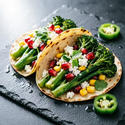 Tacos de Tallo de Brócoli y Granada