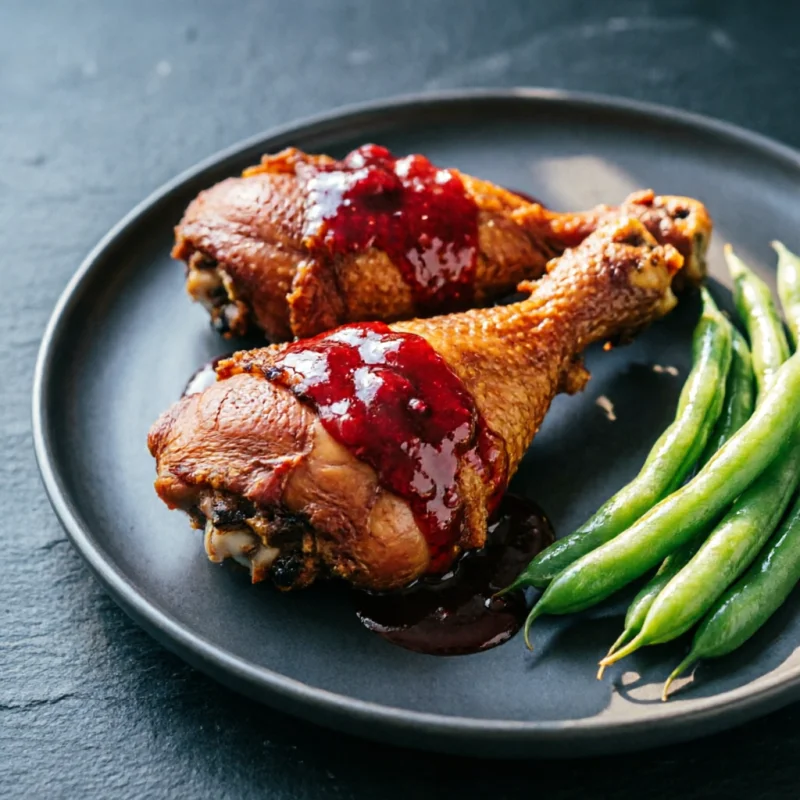 Patamuslos De Pollo Rojo Ahumado con Salsa de Cereza y Chauchas
