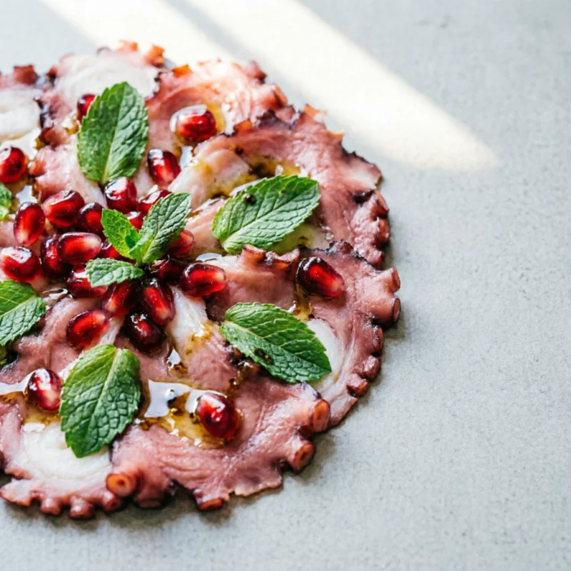 Carpaccio de Pulpo Ahumado con Perlas de Granada, Menta y Almendras Crujientes