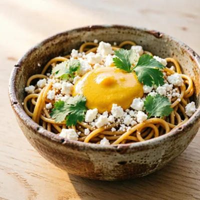 Fideos de Maíz con Salsa de Ají Amarillo y Choclo
