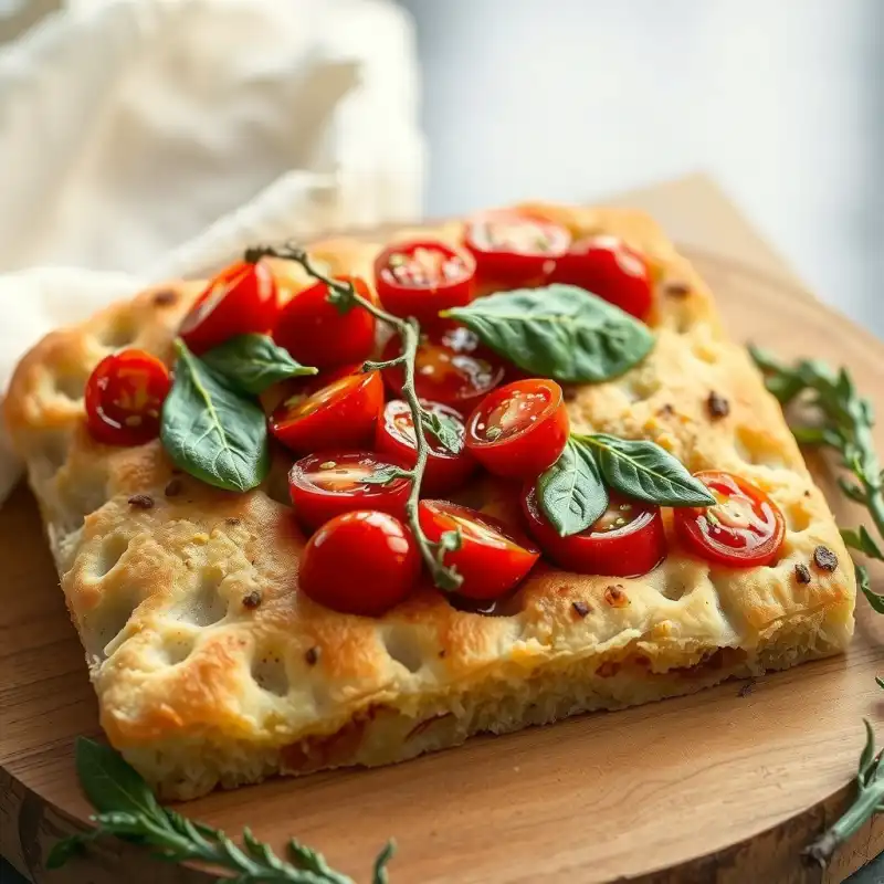 Focaccia sin gluten con Tomate Confitado y Albahaca Fresca