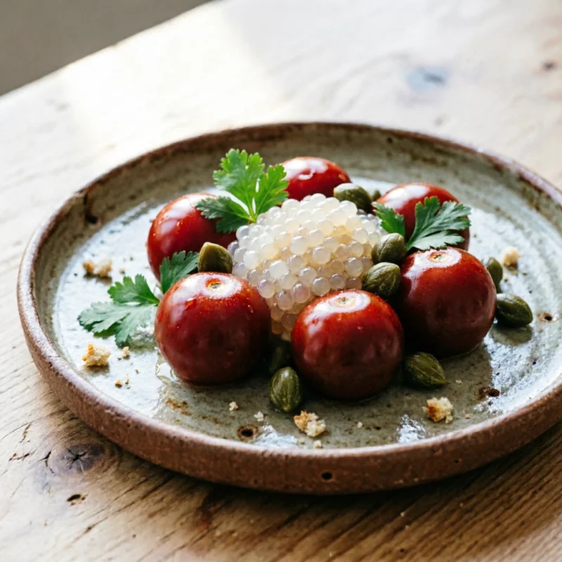 Perlas de Tomate y Queso Fresco con Alcaparras