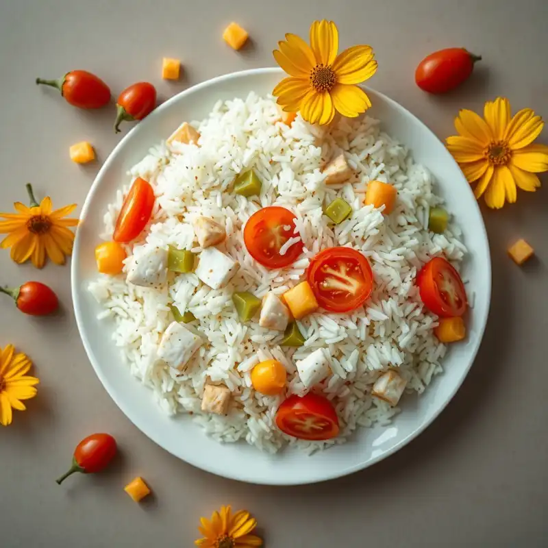 Arroz Frío de Verano con Pescado Curado y Flores Comestibles
