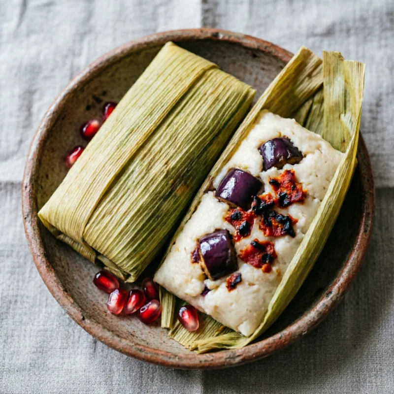 Tamales de Maíz Pozolero Rellenos de Berenjena Adobada