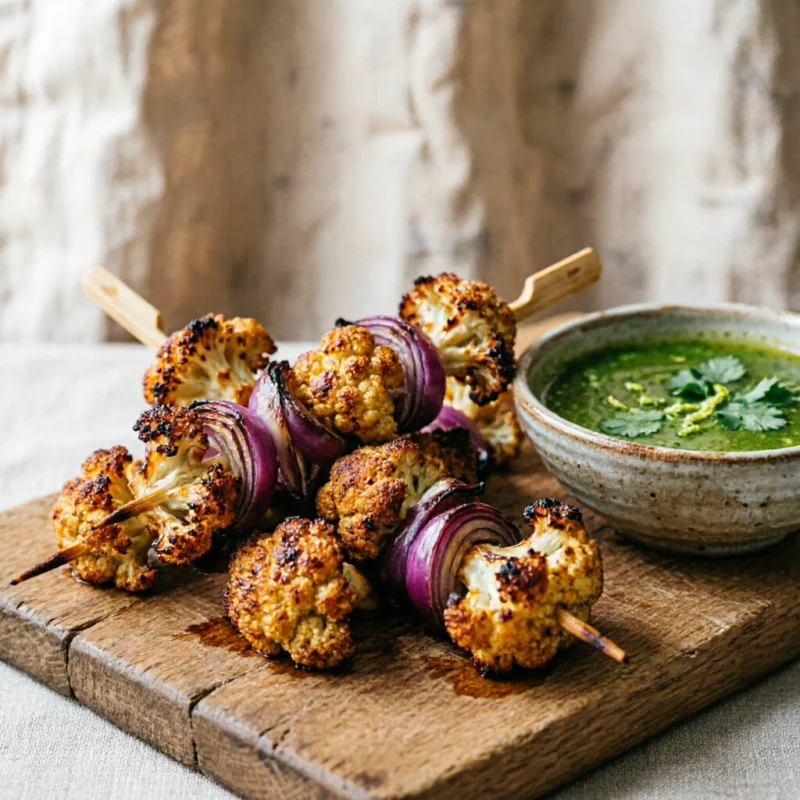 Brochetas de Coliflor y Anchoa con Salsa de Lima