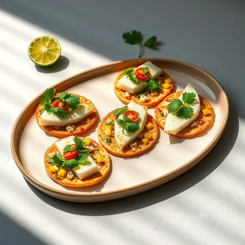 Tostadas de Corvina Fresca con Maíz y Salsa de Cilantro y Lima
