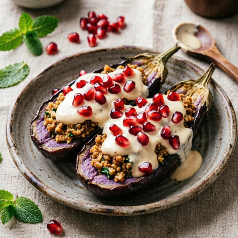 Berenjenas Rellenas de Tahini y Granada