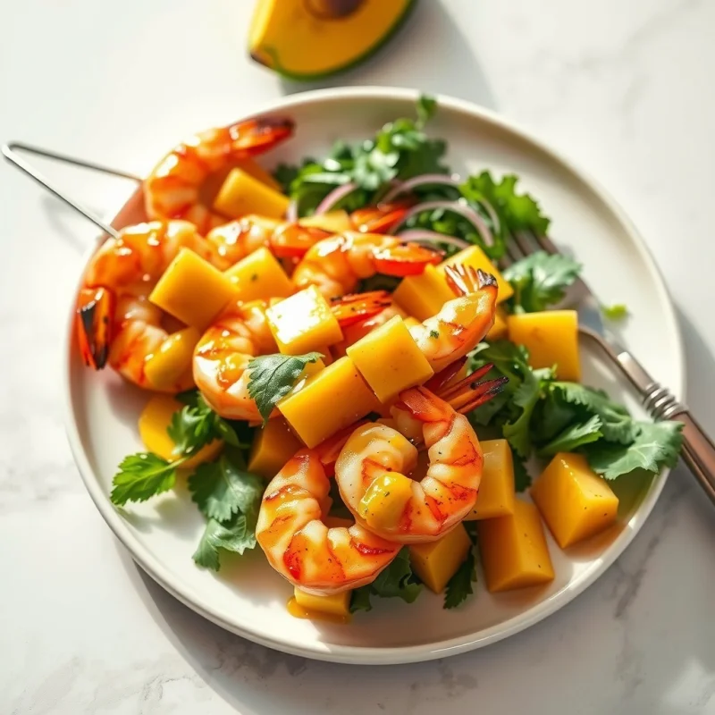 Brochetas de Camarones con Vinagreta de Mango y Chile