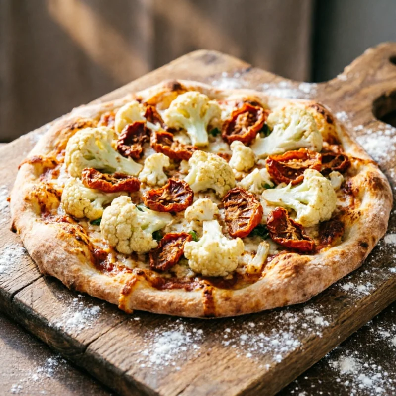 Pizza con Masa Madre, Coliflor Hervida y Crujiente de Kaki
