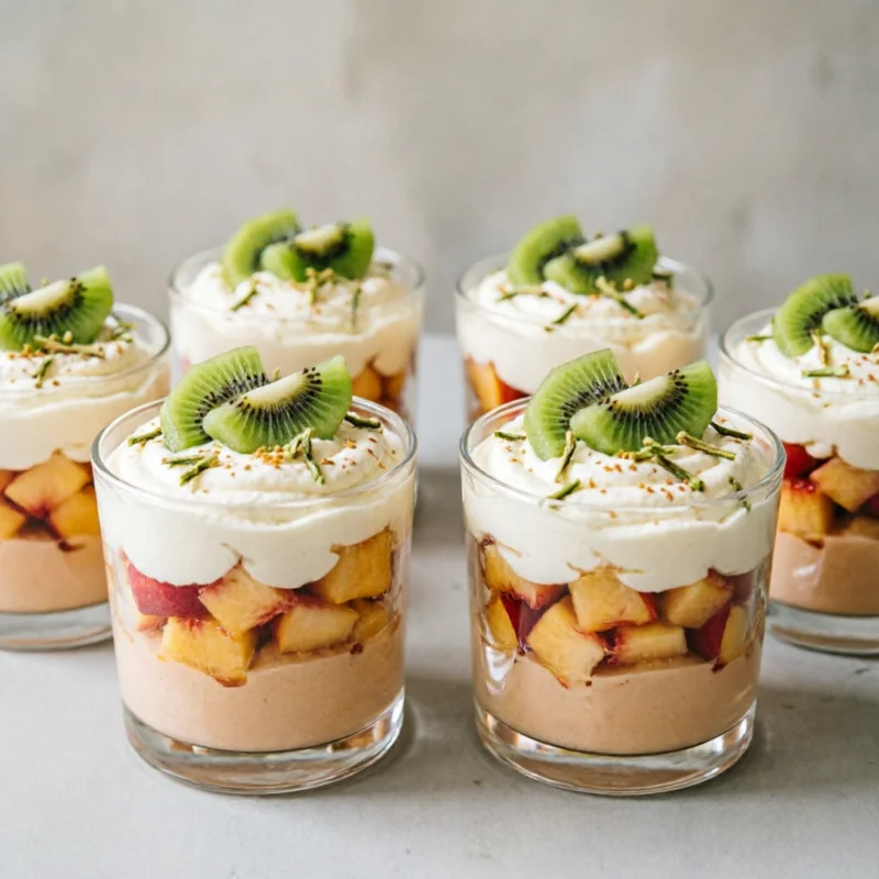 Nubes de Melocotón y Queso con Crujiente de Kiwi