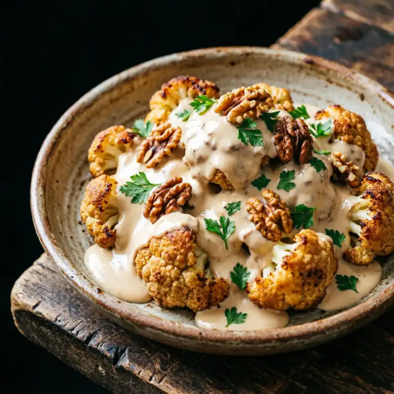Coliflor Gratinada con Crema de Champiñones y Nueces