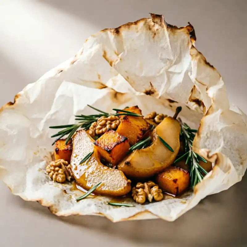 Calabaza y Pera en Papillote con Nueces