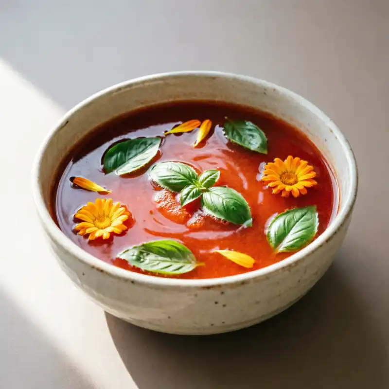 Consomé de Tomate y Albahaca Fresca con Flores de Caléndula