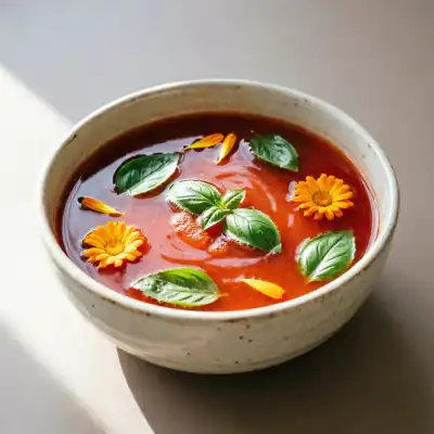 Consomé de Tomate y Albahaca Fresca con Flores de Caléndula