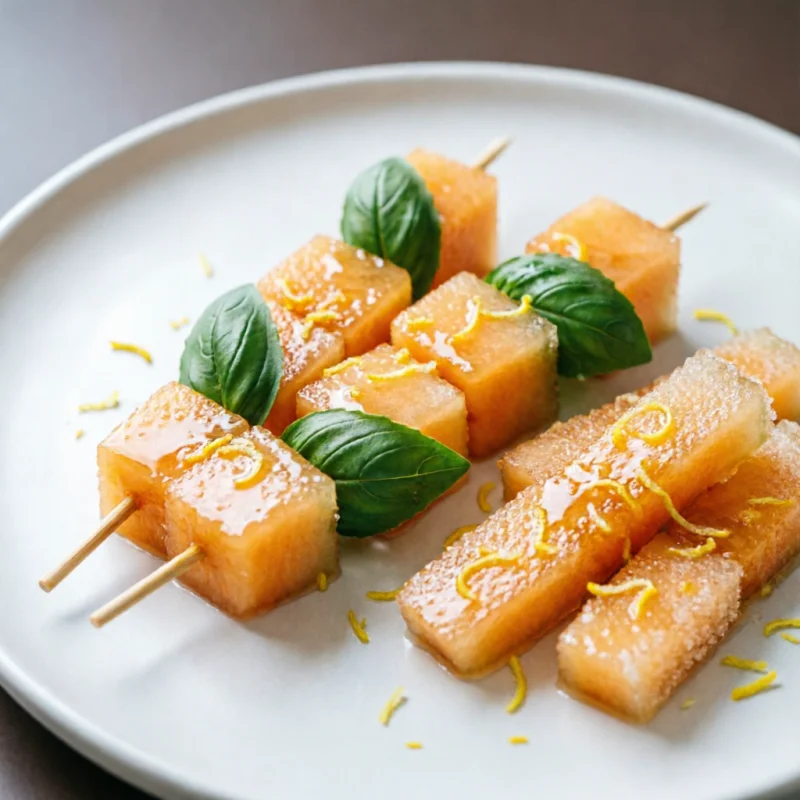 Brochetas Refrescantes de Melón Glaseado y Albahaca con Reducción Balsámica