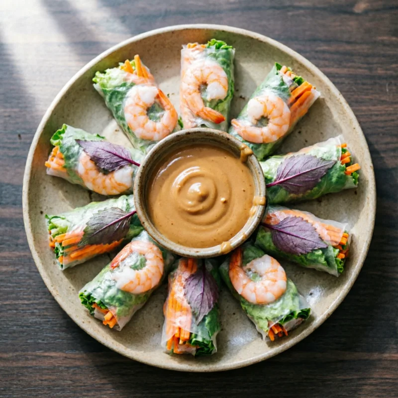 Rollitos de Verano Frescos con Salsa Tostada de Cacahuete