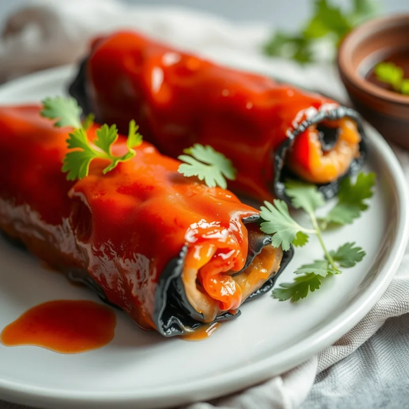 Rollitos de Berenjena y Pimiento Asado con Vinagreta Tailandesa