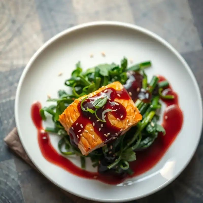 Salmón Marinadado con Salsa de Uva y Acelga Salteada