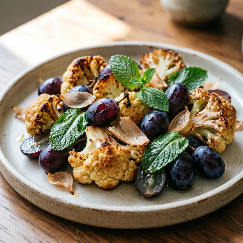 Coliflor Ahumada con Uvas Brasas y Menta Fermentada