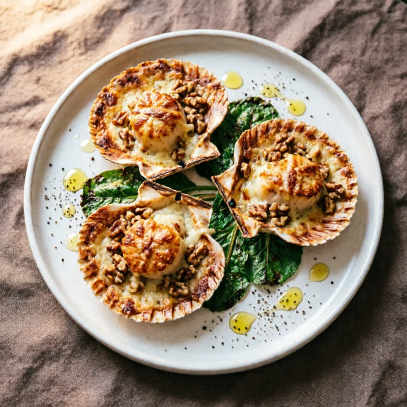 Vieiras Gratinadas con Nuez y Acelga