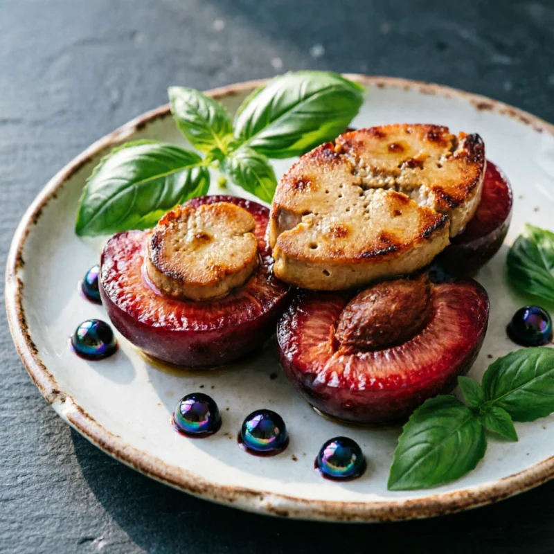 Ciruelas Poêlées con Foie y Perlas de Balsámico
