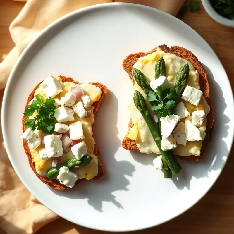Tostadas de Huevo Revuelto con Verduras Frescas y Queso de Cabra