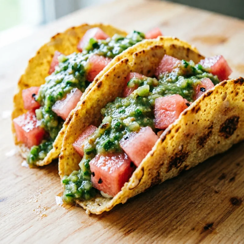 Tacos de Sandía Marinada con Salsa de Albahaca y Pepino