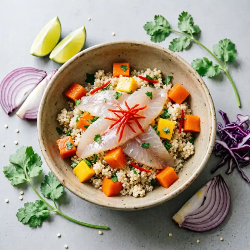 Ceviche Peruano de Quinua con Mango y Ají Amarillo