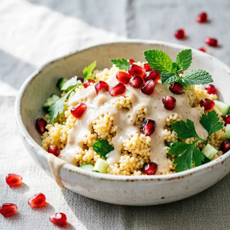 Ensalada Fresca de Couscous y Granada con Aliño de Tahini